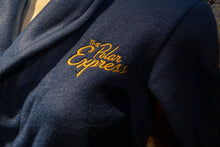 Load image into Gallery viewer, The Polar Express robe. The words &quot;The Polar Express&quot; are embroidered on upper left while the right bottom pocket features a bell design and &quot;Believe&quot; embroidery
